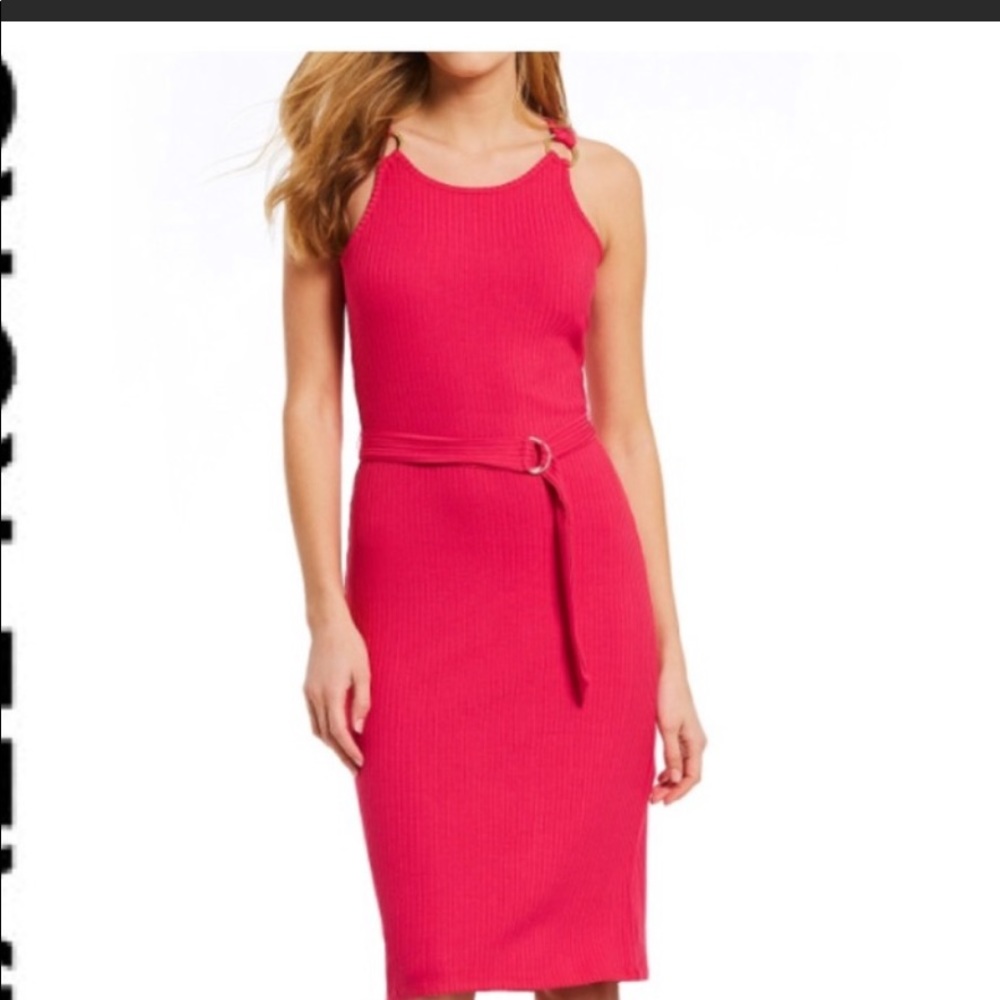 Michael Kors Hot Pink Ribbed Tank Midi Dress with Belt